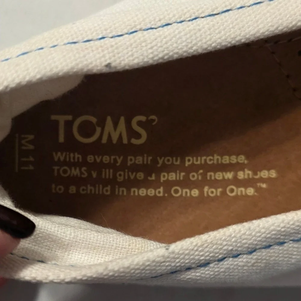 TOMS Classic Alpargata Slip On Shoes Mens 11 White Canvas Blue Stitching w Bag